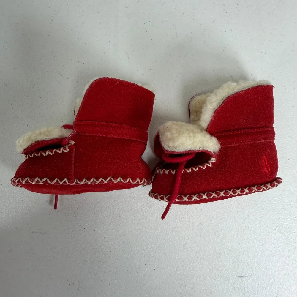 Ralph Lauren Infant Red Suede Shearling Moccasin Booties Pony Logo Soft Sole